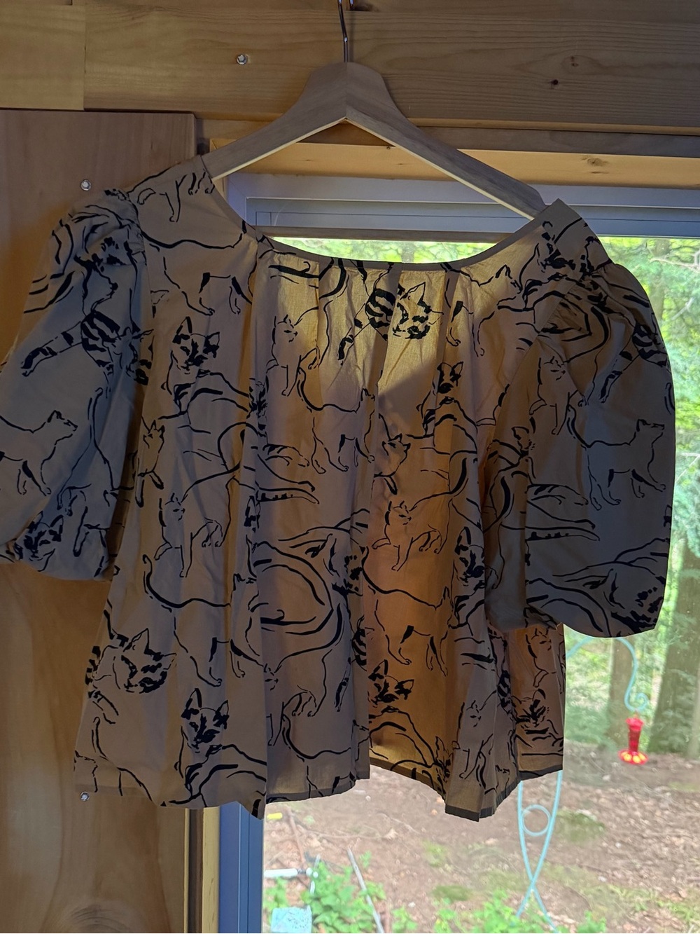 Beige Off-Shoulder Cat-Print Puff Sleeve Blouse
